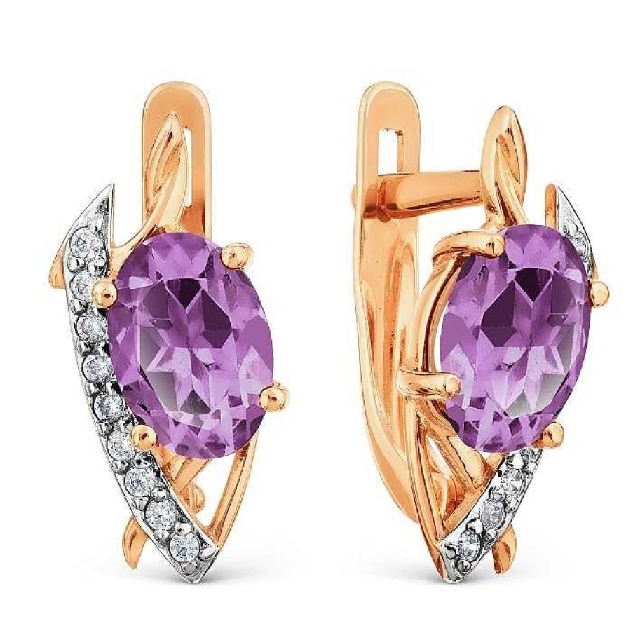 Ohrringe Zolotoy | Damen Ohrringe Mit Amethysten Und Zirkonia | 585 Rotgold