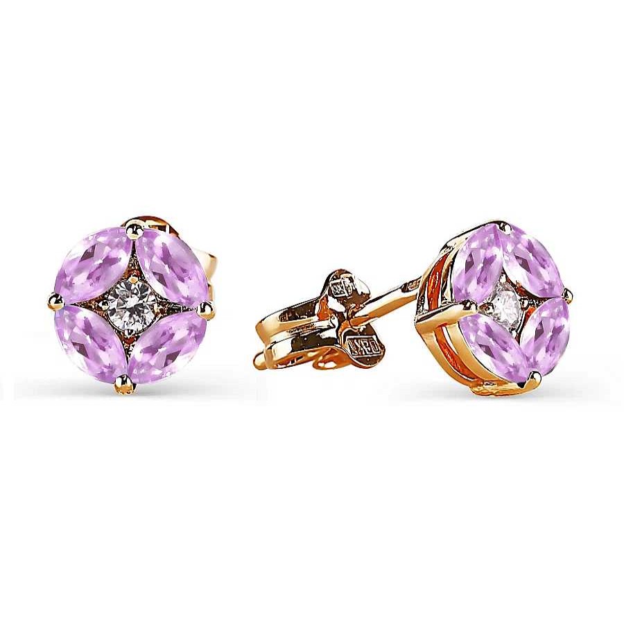 Ohrringe Zolotoy | Ohrringe Mit Amethysten Und Zirkonia | 585 Rotgold Paar Ohrstecker