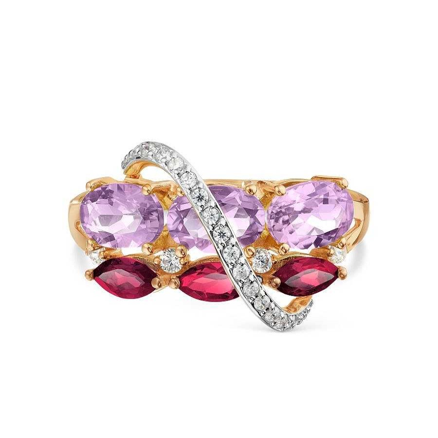 Ringe Zolotoy | Damen Ring Mit Amethysten, Rhodolithe Und Zirkonia 585 Rotgold